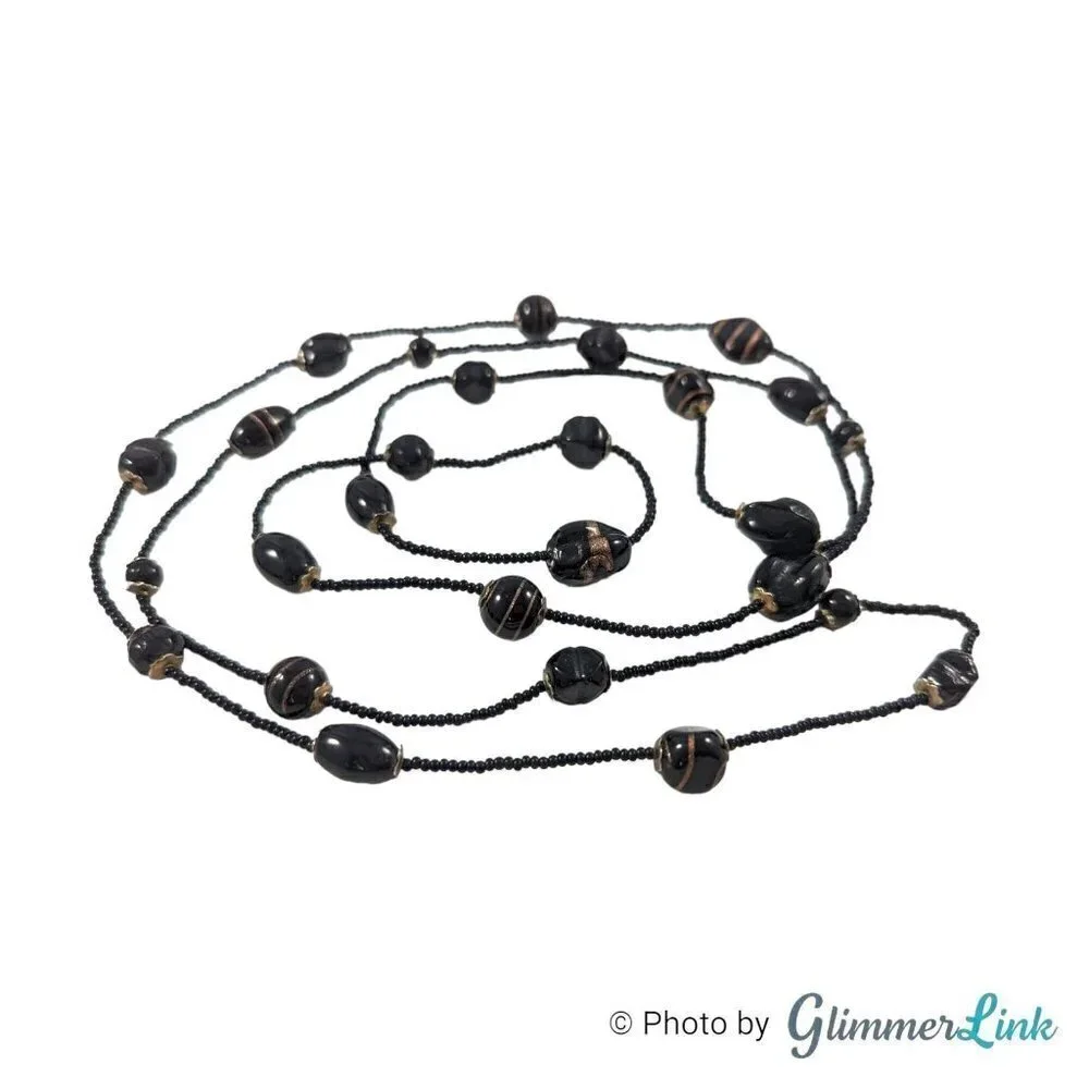 Vintage Long Black Gold Flecked Beaded Bohemian Necklace